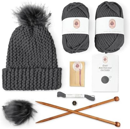Knitting Kits for Beginners Adults – Practical and Easy to Use Hat Knitting Kit with Yarn, Bamboo Knitting Needles, Faux Pom Pom – Complete Beginners Knitting Kit – Lovely Present for Women and Men by ThoughtfulStitch