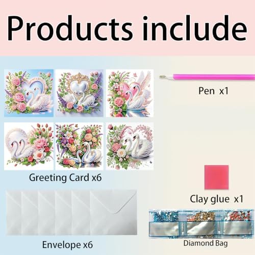 6PCS Swans and Flowers Diamond Art Painting Greeting Cards Kit with Envelopes - 5D DIY Diamond Art Card Kits for Adults - Handcrafted Postcards for Birthday & Holiday - Image 5