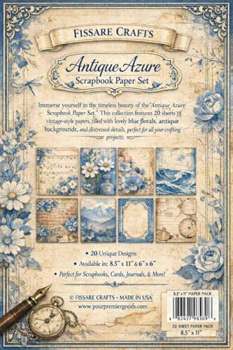 Antique Azure Scrapbook Paper Pack – 20 Vintage Blue Floral 8.5×11 Sheets by FISSARE
