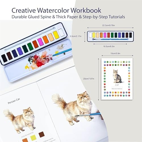 CraftyManor 2Pcs Watercolor Workbook Creative Water Color Paint Book Set with Paints & Brush, 12 Patterns of Original DIY Designs, Beginner-Friendly Adult Coloring Books(Cat & Tree) - Image 2
