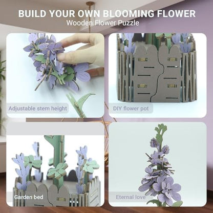 3D Wooden Flower Puzzle Kit for Adults | DIY Botanical Bouquet Building Set with Adjustable Vase | Home Decor & Stress Relief Gift-Violet (60PCS) - Image 4