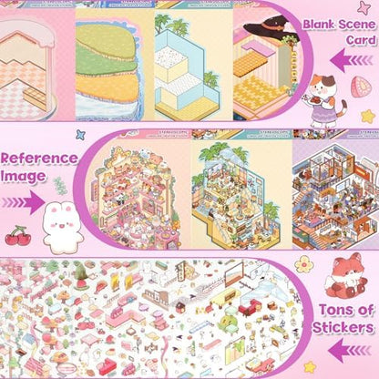 ASTARON 12 Sets DIY Large Size Sticker Scene Book,Make Own Shop Room - Image 3