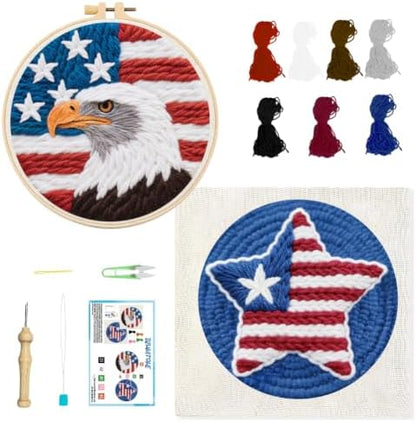 BEUNITONE 2Pcs Punch Needle Kit for Beginners, American Flag Starter Embroidery Kits with Frame & Instructions, Needle Felting Kit Poke Art for Adults DIY Craft for Coasters, Bags, Clothes Decor by BEUNITONE