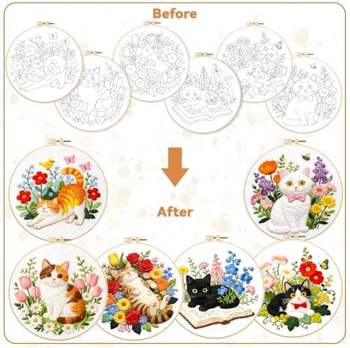 BEUNITONE 6 Set Cat and Flowers Embroidery Kit for Adults Beginners, Pre-Stamped Pattern Needlepoint Kits with Hoop, Tools, Instruction, Hand Embroidery Kits for Gifts, Fabric and Home Decor 7.9x7.9 - Image 4