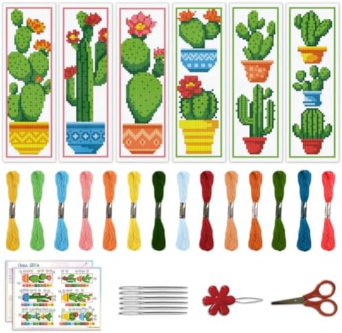 ACRNIGHEET 6PCS Cactus Cross Stitch Bookmark Kit for Beginner Stamped Cross Stitch Kits for Adults DIY Embroidery Bookmark Kits Crossstitch Kits Adult with Instructions Hand Craft Gift 11CT by ACRNIGHEET