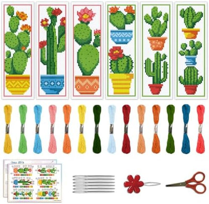 ACRNIGHEET 6PCS Cactus Cross Stitch Bookmark Kit for Beginner Stamped Cross Stitch Kits for Adults DIY Embroidery Bookmark Kits Crossstitch Kits Adult with Instructions Hand Craft Gift 11CT by ACRNIGHEET