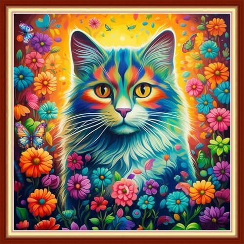 Joyhoor Stamped Cross Stitch Kits for Beginners, Needlepoint Kits for Adults, 11CT Counted Embroidery Kits-Cat Flowers 18x18 inchs by JoyhoorCrossStitchKits
