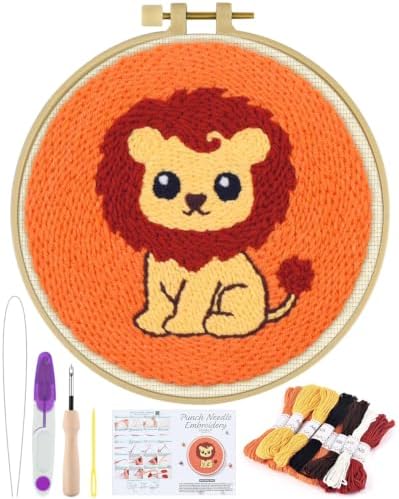 ERKOON Punch Needle Kit Beginners Adults, Zodiac Easy Embroidery Set for Starter Art Craft, Needling Punching Project with Patterns, Tools, Yarns, Hoop, Instruction (Leo) by ERKOON