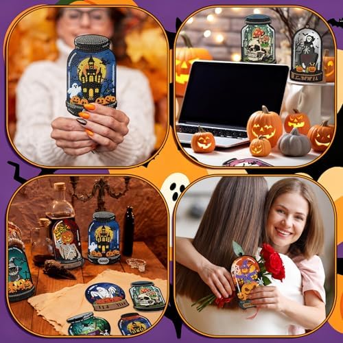 Saillong 12 Pack Halloween Diamond Painting Greeting Card Kits DIY Halloween Diamond Art Cards with Envelopes Bat Black Cat Pumpkin 5D Rhinestones Painting Kit for Adults DIY Craft Family Friend Gifts - Image 5