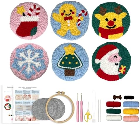 Christmas Punch Needle Kit for Adults Beginners, Easy Punch Embroidery Coaster Starter Set with Instruction – Fun Mug Rug Making Kit for Table Decor & Festival DIY Gifts by PunchBloom