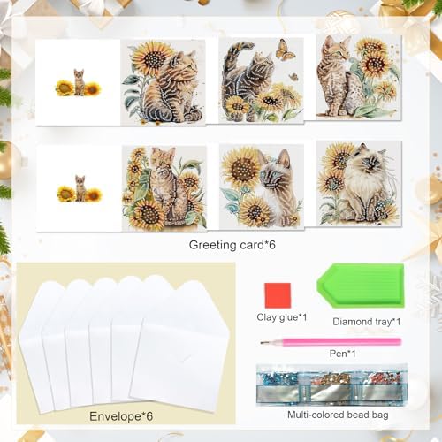 AiYuanzsh 6-Pack 5D Diamond Painting Greeting Cards with Envelopes, Cat Sunflower Pattern DIY Crystal Rhinestone Diamond Art Cards, Laser Effect Postcards for Birthday, Thank You, and Gift Giving - Image 3