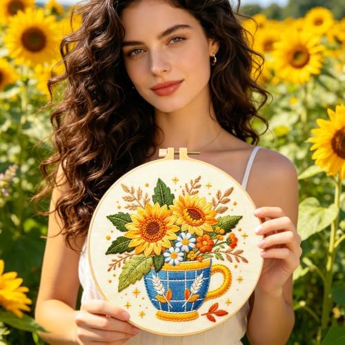BEUNITONE 4 Set Embroidery Kits for Beginners, Flower Arrangement Design with Pre-Stamped Pattern Craft Kits Include Instruction and Hoops, 7.9x7.9 Needlepoint Kits for Festival Gifts and Home Decor - Image 5
