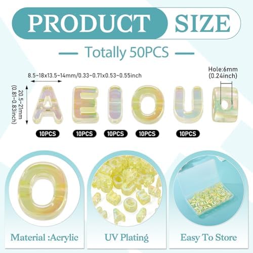 FASHEWELRY 50Pcs Big Crystal Vowel Letter Beads 20mm Colorful Acrylic Vowel Beads 3D Transparent AEIOU Alphabet Bead for DIY Keychains Bracelet Paracord Jewelry Making (Light Yellow) - Image 3