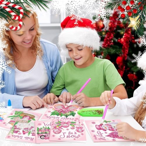Saillong 12 Pack Pink Winter Diamond Painting Greeting Card Kits Winter Diamond Art Cards with Envelopes Snowman 5D Rhinestones Painting Making Kits for Adults DIY Craft Family Friend Holiday Gifts - Image 2