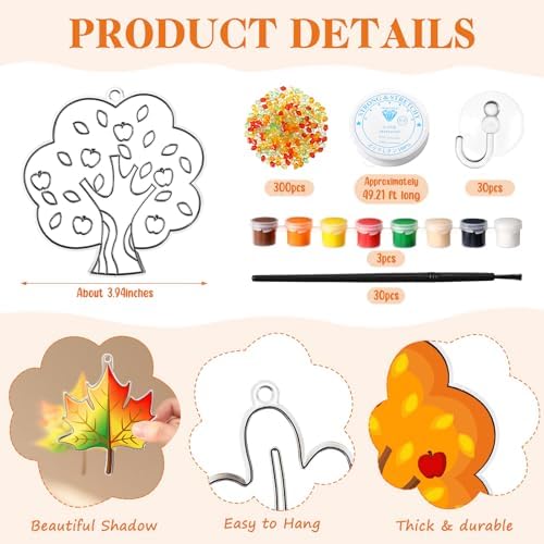 Dunzoom 30 Set Fall Craft Kits Thanksgiving Suncatchers Kits Autumn Pumpkin Maple Leaves DIY Craft Make Your Own Suncatcher Paint Ornaments for Thanksgiving Art Activities - Image 2