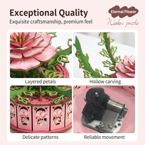 3D Wooden Puzzle Music Box for Adults, Peony Flower DIY Kit - Image 4