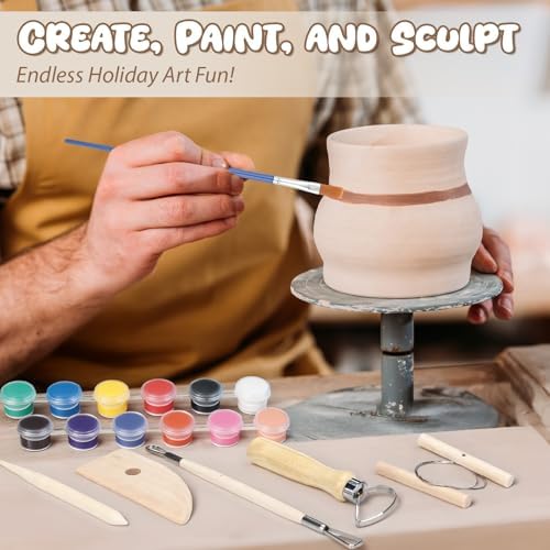 25 Pcs Air-Dry 3 Colors Clay Pottery Kit for Beginners Includes 3.31 lb Dry Clay for Adults Air Pottery Tools, Paints, Brushes Modeling DIY Kit for Christmas - Image 4