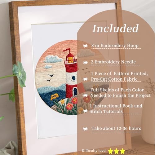 FONNUY Embroidery Kit for Beginners, Lighthouse Landscape Flowers Pre-Stamped Pattern Kits for Adults with Hoop, Easy to Follow Color Thread Needlework, 8'' Hoop (Orange) - Image 2