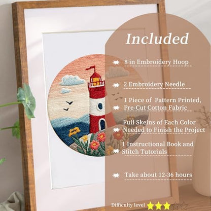 FONNUY Embroidery Kit for Beginners, Lighthouse Landscape Flowers Pre-Stamped Pattern Kits for Adults with Hoop, Easy to Follow Color Thread Needlework, 8'' Hoop (Orange) - Image 2