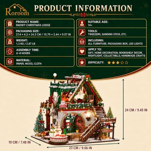 Roroom DIY Miniature House Kit, Snowy Christmas Lodge Dollhouse Kit - Image 2