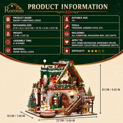 Roroom DIY Miniature House Kit, Snowy Christmas Lodge Dollhouse Kit - Image 2