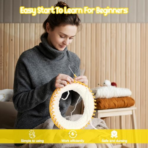 Katech Round Knitting Looms Set 29 cm Diameter Yellow Plastic Weaving Looms Scarf Hats Making Tools DIY Crocheting Handmade Craft Kit with a Crochet Hook and Needle for Knitting Lovers (Yellow) - Image 2