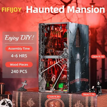 fifijoy Haunted Mansion Halloween Book Nook Kit - DIY Miniature Haunted House Booknook for Adults, Spooky 3D Wooden Puzzle Bookshelf Insert Decor with LED Light, Gifts for Family, Friends - Image 5