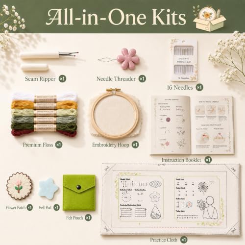 Cikeela Embroidery Stitch Book Beginner with Fabric Pages, 31 Essential Stitches in Structured Learning Order for Adults, DIY Sewing Kit with Floral Motifs, Practice Patterns EmbroideryStitch Book Kit - Image 2