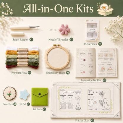 Cikeela Embroidery Stitch Book Beginner with Fabric Pages, 31 Essential Stitches in Structured Learning Order for Adults, DIY Sewing Kit with Floral Motifs, Practice Patterns EmbroideryStitch Book Kit - Image 2