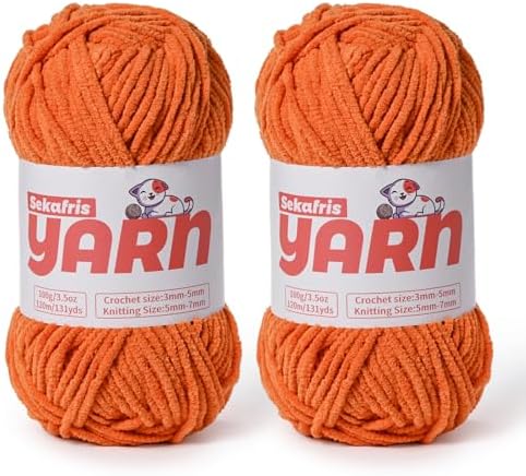 Plush Chunky Chenille Yarn for Crocheting, Soft Fluffy Velvet Yarn for Crocheting Amigurumi, Fuzzy Baby Blanket Knitting 200g/262yds Bulky(2 Orange) by Sekafris