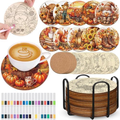 Reallnaive 45 Pcs Fall Wooden Coasters Painting Kit, 10 Autumn Gnome Pumpkins Sunflower Truck Coaster Arts and Crafts Fall Gift for Adults Ornament Home Office Decor by Reallnaive
