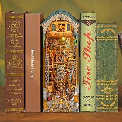 Tonecheer DIY Book Nook Kit for Adults, 3D Wooden Puzzle Bookend Miniature House Kit, Booknook Bookshelf Insert Decor with Dust Cover and LED Lights Gifts (Clock Tower) - Image 5