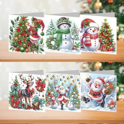 jinglinhh 6pcs Diamond Art Painting Christmas Tree Elf Snowman Elk Santa Greeting Cards with Envelopes, DIY Card Making Kits for Adults, Diamond Art Postcards Holiday Cards Craft Gifts - Image 3