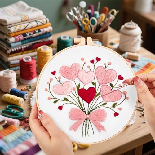 Heart Flower Embroidery Kits for Beginners Adults, Pink Embroidery Starter Kits, Counted Cross Stitch Kits for Adults Anniversary Valentine's Day Gift, Embroidery Hoops, Fabric Thread & Video Tutorial - Image 2