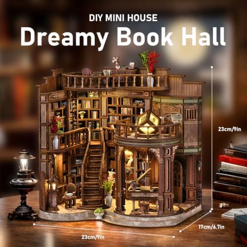 fifijoy DIY Miniature Dollhouse Kit - DIY Miniature House Kit with LED Lights, 3D Wooden Puzzle Library Bookshelf Decor for Adults, Creative Gift for Family, Friends (Dreamy Book Hall) - Image 4