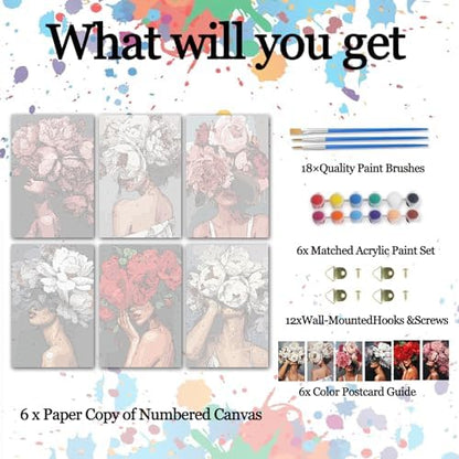 6 Pack Fashion Woman Paint by Numbers Kit for Adults Beginners 8x12 Inch, Abstract Flower Girl Paint by Number Kits on Canvas Without Frame, DIY Acrylic Painting by Numbers for Home Wall Decor Gift - Image 4
