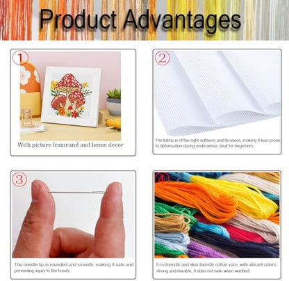 Tiwabb Mushroom Stamped Cross Stitch Kits for Adults Beginners with Frame - Image 4