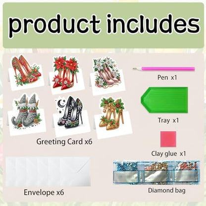 jinglinhh 6pcs Diamond Art Painting Christmas High Heels Greeting Cards with Envelopes, DIY Card Making Kits for Adults, Diamond Art Postcards Christmas Cards Craft Gifts - Image 3