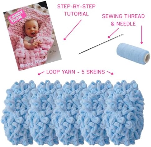 Beginner Craft Kit – Easy Loop Yarn Baby Blanket Kit for Adults & Kids, DIY Arm Knitting Kit with Soft Chenille Yarn, Perfect Handmade Gift (Blue) - Image 2