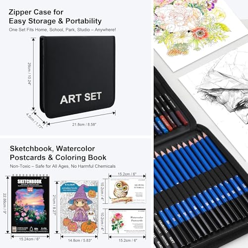 KALOUR 140 Drawing Set Sketching Kit,Art Supplies with 3-color Sketchbook & Coloring Paper,Include Tutorial, Colored, Graphite, Charcoal, Watercolor & Metallic Pencil,for Artists Adults Teens Beginner - Image 4