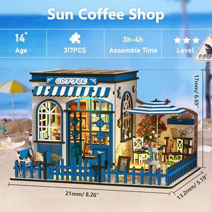 DIY Miniature House Kit, 3D Wooden Coffee Shop with Touch LED Lights, Mini Cafe Dollhouse Building Set, DIY Dollhouse Model Kit for Adults Teens, Creative Home Decor Craft Gift for Birthday - Image 2