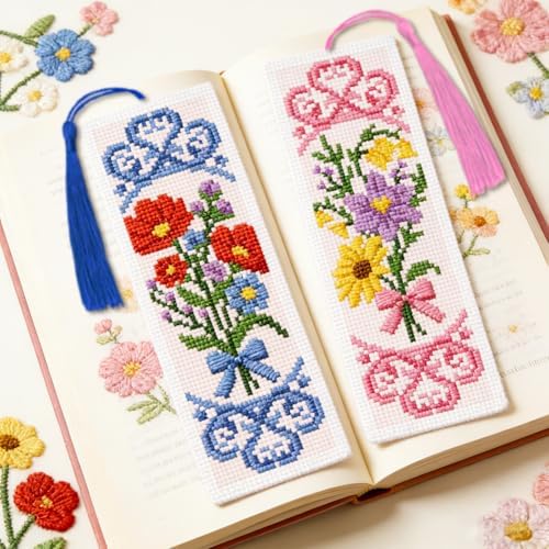 INFUNLY 6 Pcs Bouquet Stamped Cross Stitch Bookmark Kit with Tassels, Pre-Printed Water Soluble Grid for Adults Beginners, DIY Embroidery Set with Tools, Gift for Book Lovers - Image 6
