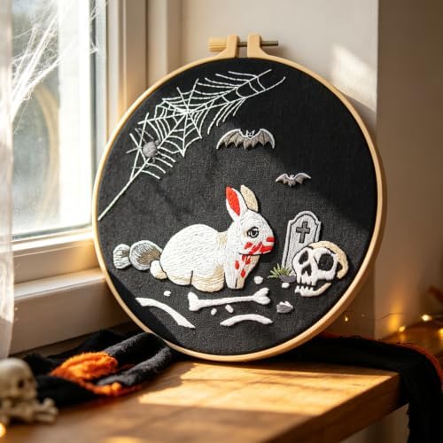 Halloween Embroidery Kits for Beginners Adults, Gothic Rabbit Embroidery DIY Kit, Halloween Cross Stitch Kits Needlepoint Kits for Beginners Adults Woman Gifts, Embroidery Hoop, Thread, Video Tutorial - Image 5