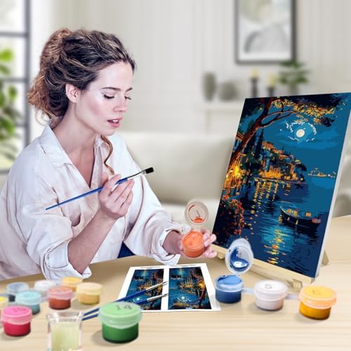 JOOZ Paint by Numbers Kit for Adults with Frame, Moon Paint by Number with Easel, DIY Town Lake Boat Paint by Numbers Landscape for Home Wall Decor 8 x 12 Inch - Image 4