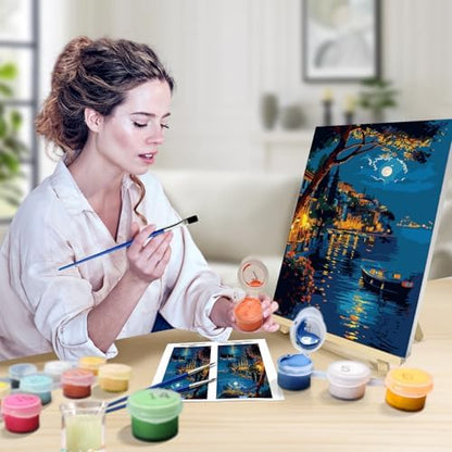 JOOZ Paint by Numbers Kit for Adults with Frame, Moon Paint by Number with Easel, DIY Town Lake Boat Paint by Numbers Landscape for Home Wall Decor 8 x 12 Inch - Image 4