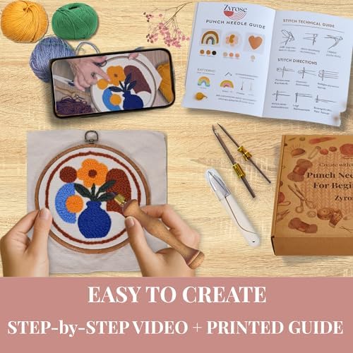 Zyrose Punch Needle Kit for Beginners – Modern Embroidery Kit with Printed Fabric, Non-Slip Hoop, Merino Yarn, 3 Needles – Boho Craft Kit for Adults & DIY Gifts (Boho Abstract) - Image 4