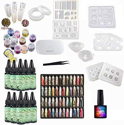 10x30ML Crystal Clear UV Resin Epoxy Transparent with 15 Jewelry Molds 60 Decorations + Portable Lamp + 10ML Top Coat Gel Polish to Add Shine, Resin Kit for Making Earrings Bracelets Necklaces by Unknown