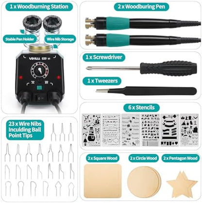 YIHUA 939-VI Dual Wood Burning Pen Wood Burning Kit with 23 Wire Nib in Varied Shapes, Detachable Pyrography Pen, 6 Wood Pieces, 6 Stencils and Screw Driver, Tweezers Used as Wood Burning Tool - Image 6