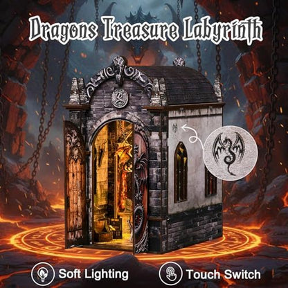 DIY Book Nook Kit, 3D Wooden Puzzle for Adults, Miniature House Kit with Touch LED Light, Gothic Bookshelf Insert Decor, Creative Hobby Gift for Fantasy Lovers (Dragons Treasure Labyrinth) - Image 2
