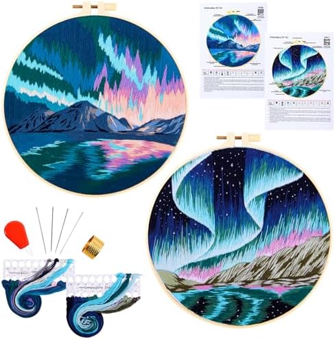 Aurora Borealis Embroidery Starter Kits for Beginners Adults, Stamped Cross Stitch Kit for Adult Beginner, Hand Embroidery Needlepoint Kit, 2 Set Embroidery Supplies, 2 Hoops (Attached Video Tutorial) by Armindou